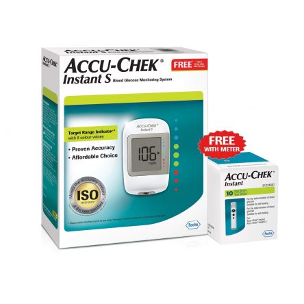 Accu-Chek Instant S Glucometer (White) with Free 10 Test Strips